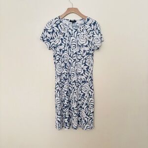 MSK Womens Blue and‎ White Floral Sheath Midi Dress Crew Neck Size Small
